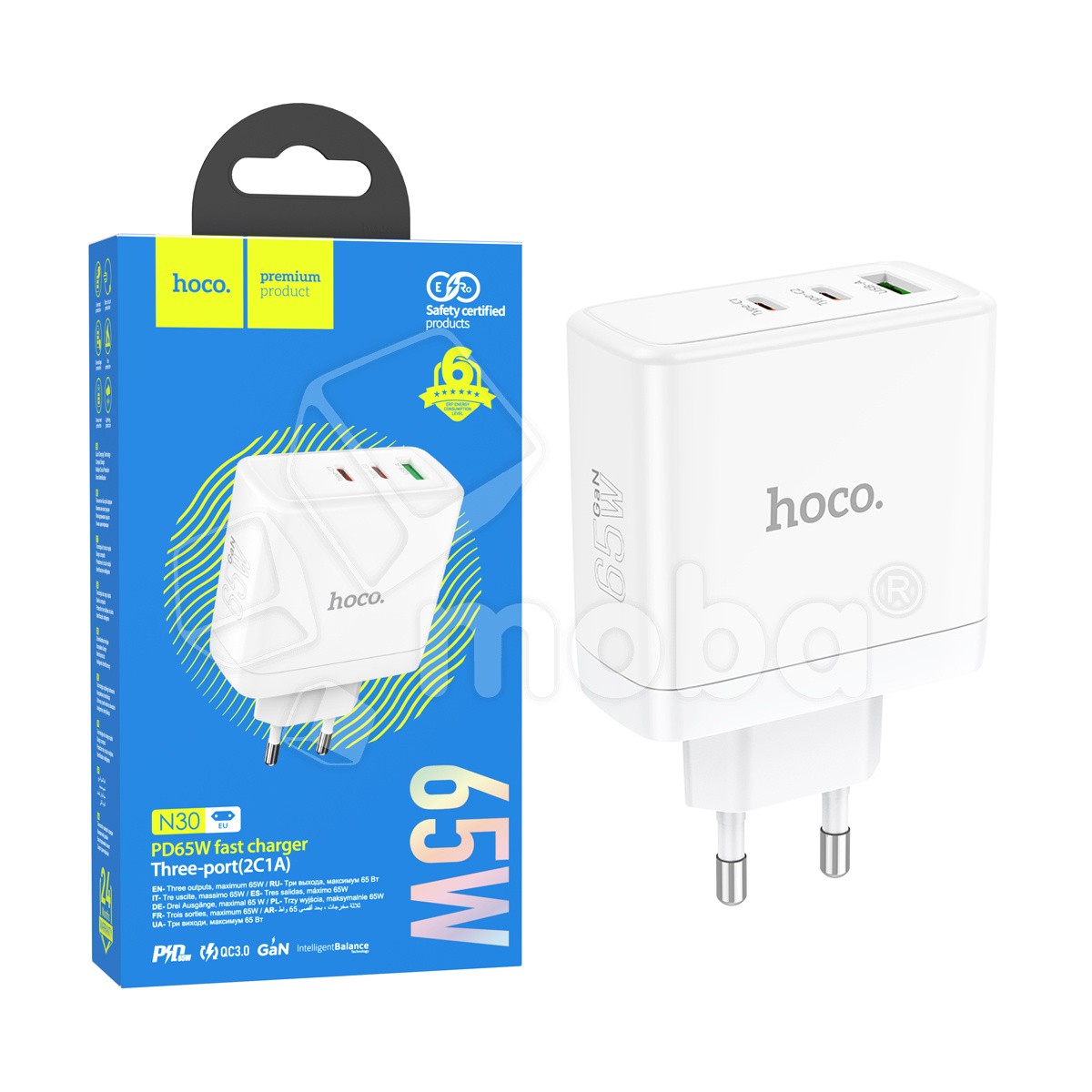 Сетевое зарядное устройство USB/Type-C Hoco N30 (65W, QС3.0, PD, 3 порта, GaN) Белый