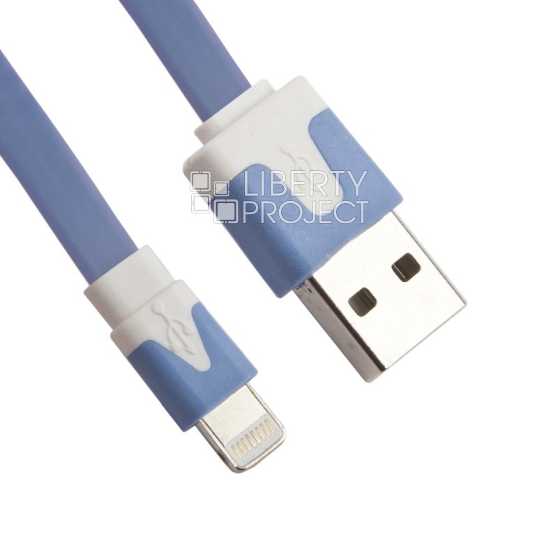 USB кабель "LP" для Apple iPhone/iPad Lightning 8-pin плоский узкий (синий/коробка)