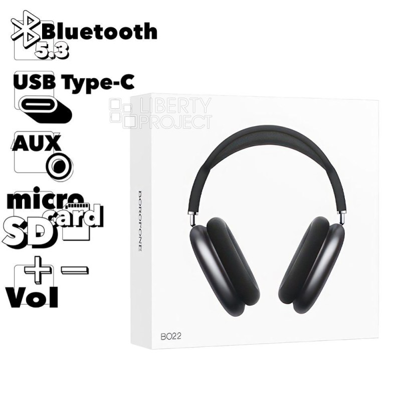 Bluetooth гарнитура BOROFONE BO22 Elegant BT 5.3, 3.5мм, MicroSD, накладная, громкость +/- (темно-серый)