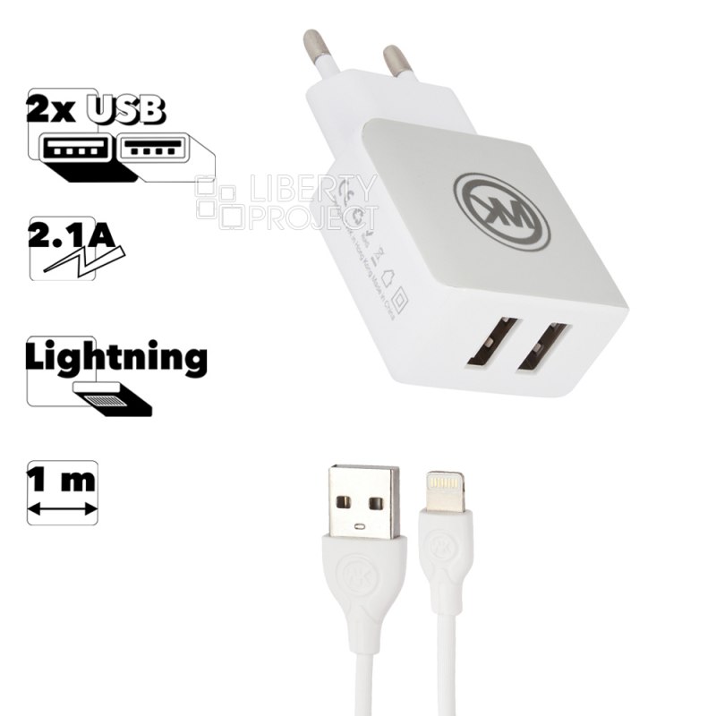 СЗУ WK Blanc 2U WP-U11i 2xUSB, 2.1А + кабель Lightning 8-pin, 1м (белый)