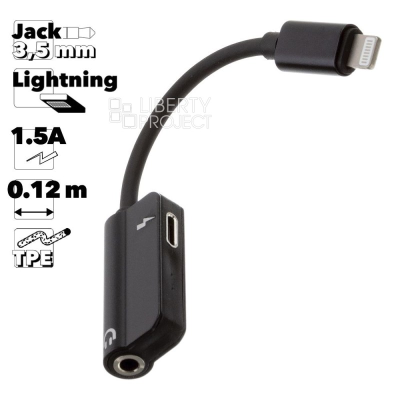 Аудио адаптер "LP" Lightning 8-pin на Lightning 8-pin/3.5мм, зарядка и аудио, 0.12м, TPE (черный/европакет)