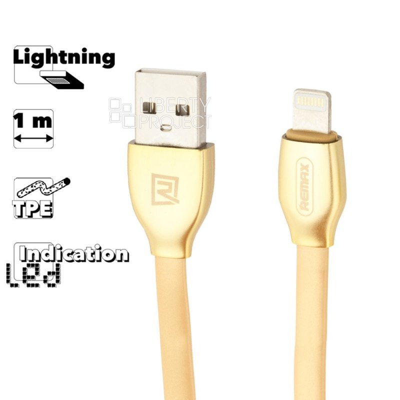 USB кабель REMAX RC-035i Laser Lightning 8-pin, 2.4А, LED, 1м, TPE (золотой)