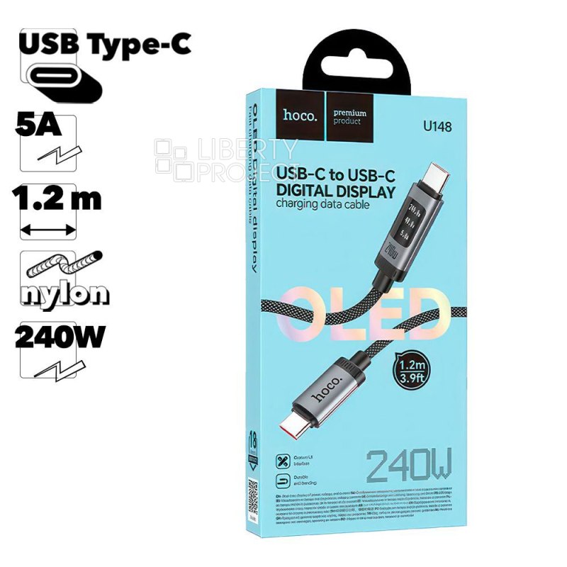 USB-C кабель HOCO U148 Lord Type-C, 5А, 240W, 1.2м, LCD, нейлон (черный)