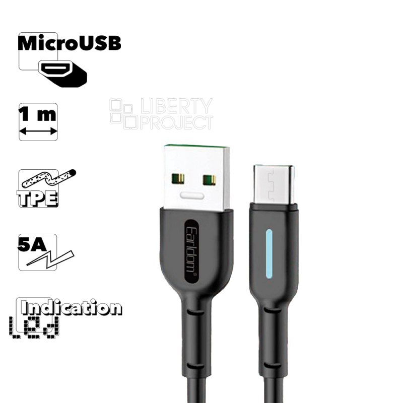 USB кабель Earldom EC-071M MicroUSB, 5А, LED, 1м, TPE (черный)