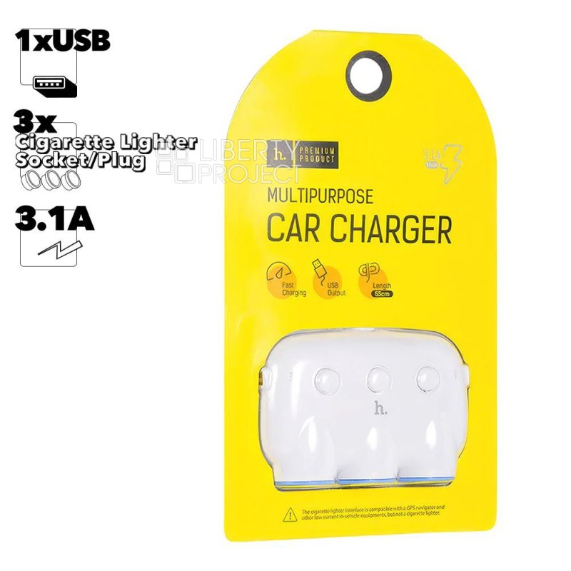 АЗУ разветвитель прикуривателя HOCO C1 2xUSB, 3.1А, 3 гнезда прикуривателя, 0.55м (белый)