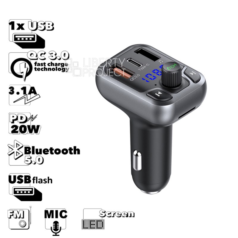 АЗУ Earldom ET-M63 2xUSB, 1xUSB-C, 3.1А, PD20W, QC3.0, LED дисплей, FM, Bluetooth, микрофон (черный)