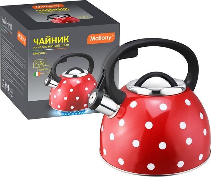 MALLONY Чайник из нерж стали со свистком "Maestria" (красный в белый горошек) 2,5 л (005176)