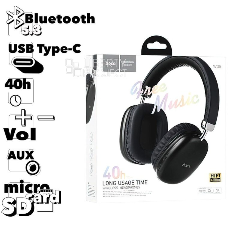 Bluetooth гарнитура HOCO W35 BT 5.3, AUX, microSD, накладная, громкость +/- (черный)