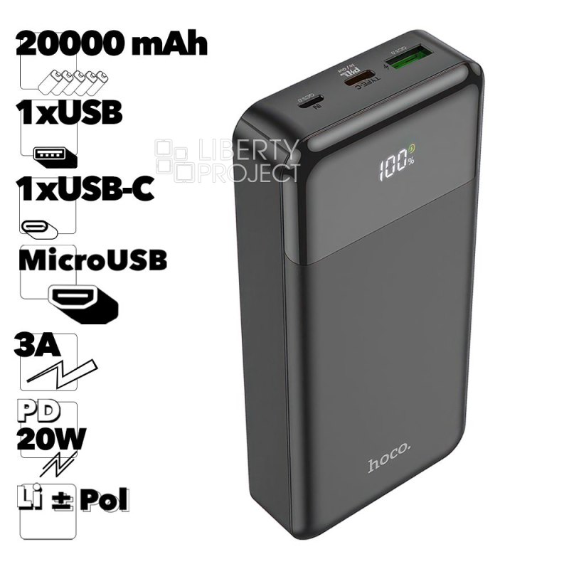 Внешний АКБ HOCO J102A Cool Figure 20000 mAh, 1xUSB, 1xUSB-C, 3А, QC 3.0, PD20W, LED дисплей, Li-Pol (черный)