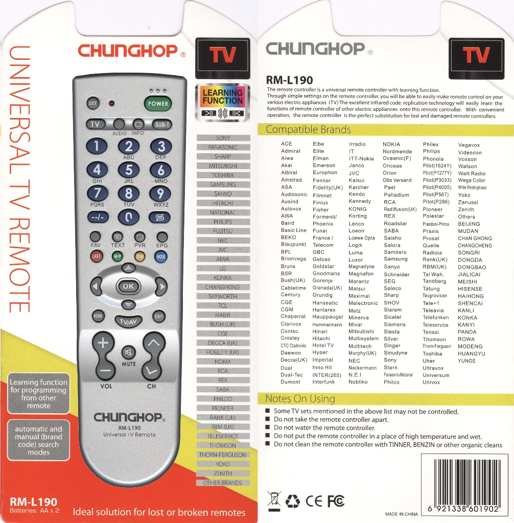 Универсальный пульт Chunghop RM-L190