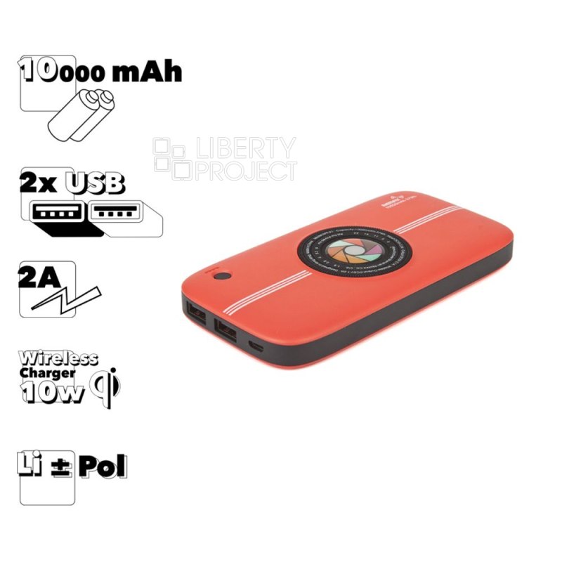 Внешний АКБ REMAX RPP-91 Camera 10000mAh, 2xUSB, 2А, Qi 10W, Li-Pol (красный)