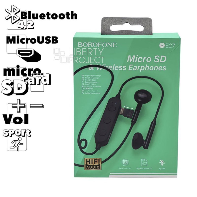 Bluetooth гарнитура BOROFONE BE27 Cool Song BT 4.2, вкладыши, громкость +/-, спорт (черный) мятая уп