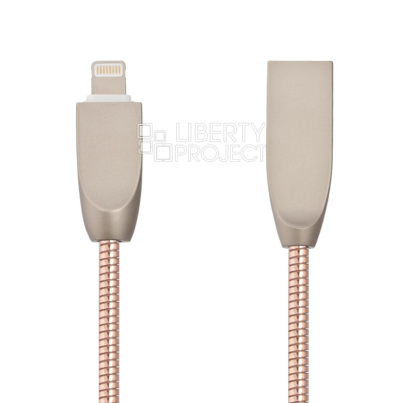 USB кабель "LP" для Apple Lightning 8-pin "Панцирь" в металлической оплетке (розовое золото/коробка)
