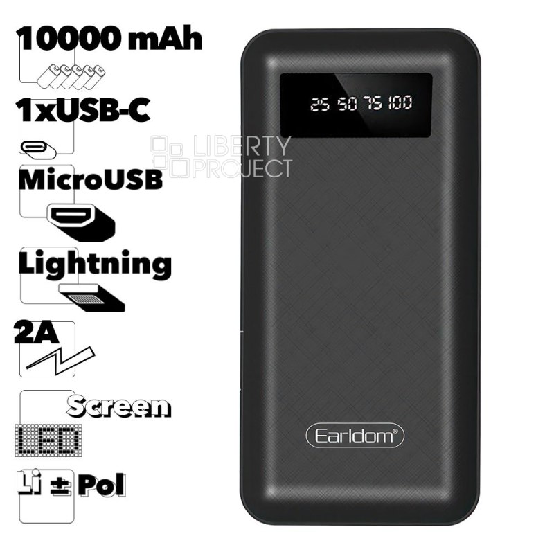 Внешний АКБ Earldom ET-PB41 10000 mAh, 1xUSB, 2.1A + интегрированный кабель MicroUSB/Type-C/Lightning 8-pin, LED дисплей, подставка, Li-Pol (черный)