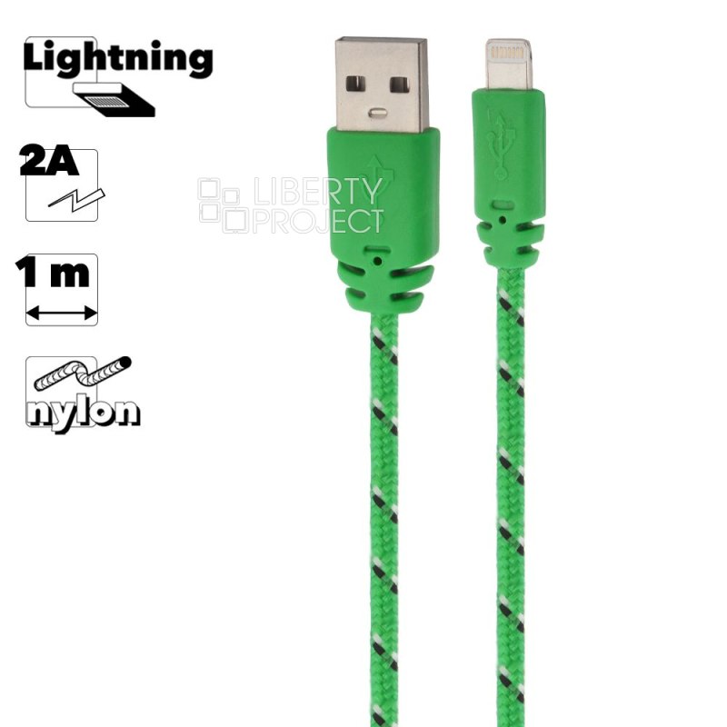 USB кабель "LP" для Apple iPhone/iPad Lightning 8-pin в оплетке (зеленый/коробка)