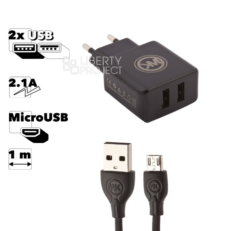 СЗУ WK Blanc 2U WP-U11m 2xUSB, 2.1А + кабель MicroUSB, 1м (черный)