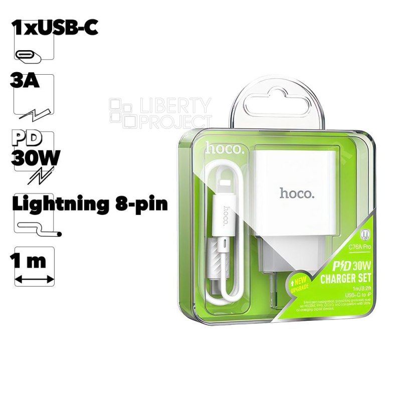 СЗУ HOCO C76A Pro Majestic 1xUSB-C, PD30W + USB-C кабель Lightning 8-pin (белый)