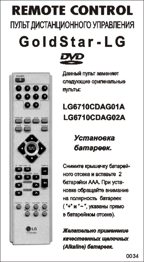 Аналог пульта LG 6710CDAG01A/02A для DVD плеера