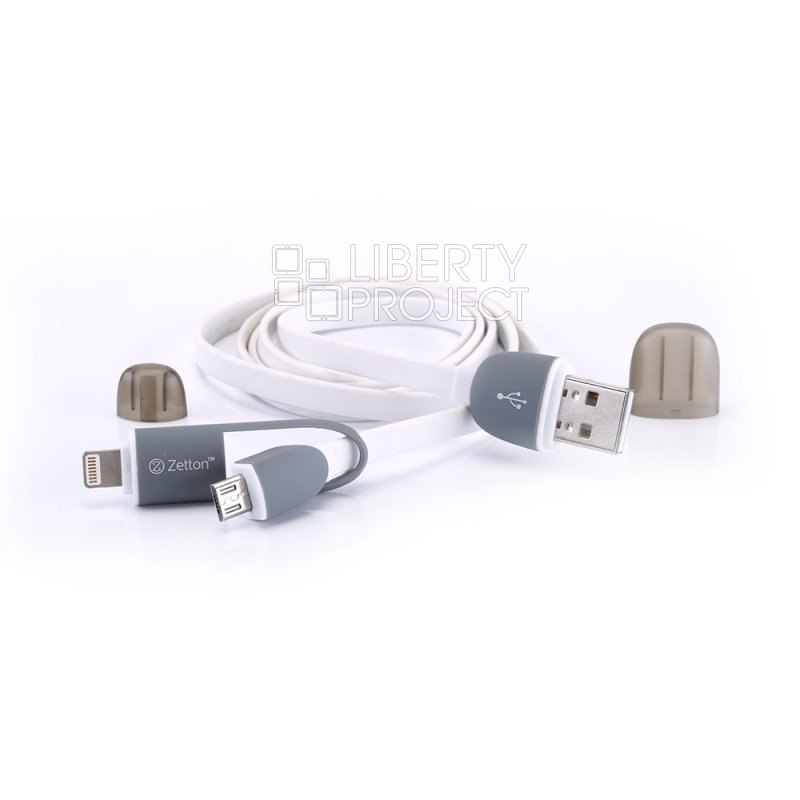USB кабель передачи данных Zetton 2в1 разъем для Lightning 8-pin/Micro USB белый (ZTLSUSB2IN1BW)