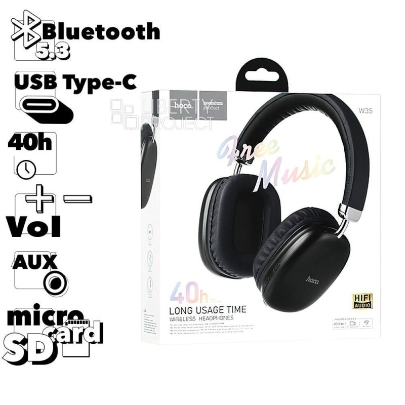 Bluetooth гарнитура HOCO W35 BT 5.3, AUX, microSD, накладная, громкость +/- (черный) мятая