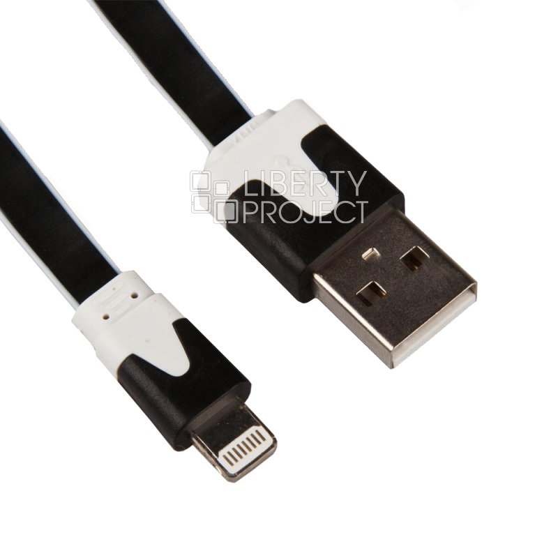 USB кабель "LP" для Apple iPhone/iPad Lightning 8-pin плоский узкий (черный/коробка)