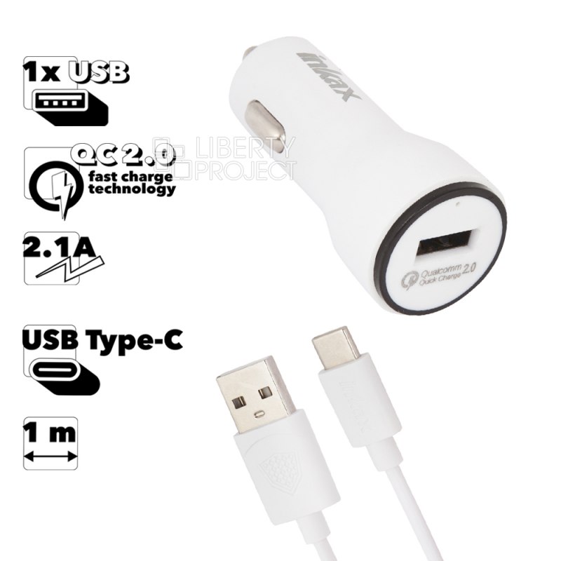 АЗУ inkax CD-22 Fast 1xUSB, QC 2.0 2.1А + кабель USB-С 1м (белый)