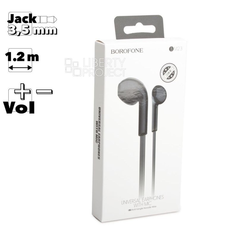 Гарнитура BOROFONE BM23 Bright Sound 3.5мм, вкладыши, громкость +/-, 1.2м (черный) мятая (0L-00044363)