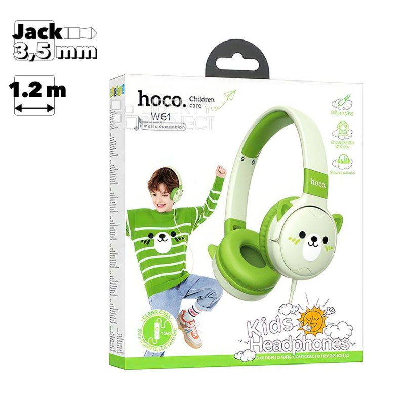 Гарнитура HOCO W61 Voice 3.5мм, накладная, детская, "котик", 1.2м (зеленый)