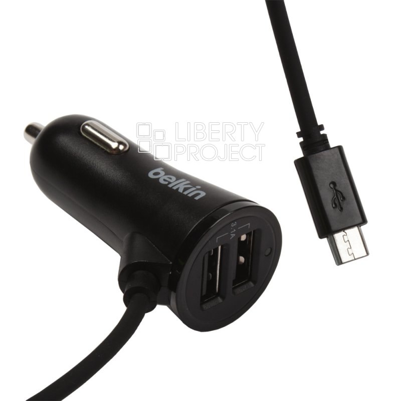 АЗУ "Belkin" 2.1A с двумя USB выходами + USB кабель Micro USB пружина(F8J070bt03-bl (черный/коробка)