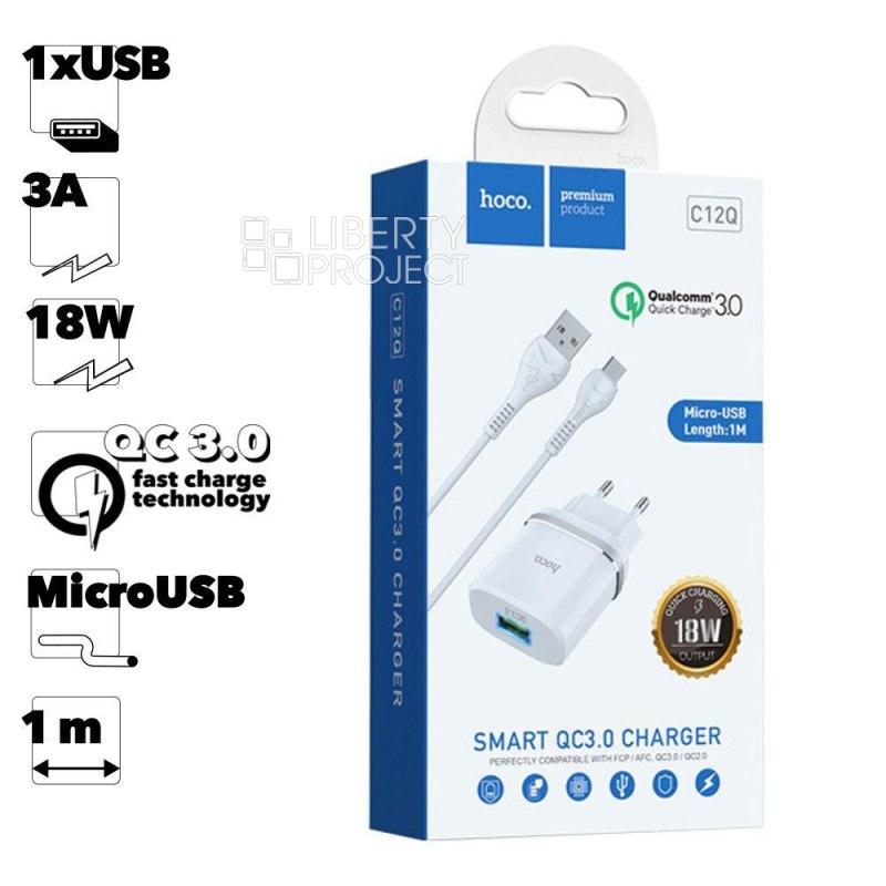 СЗУ HOCO C12Q Smart 1xUSB, 3А, 18W, QC3.0, LED + USB кабель MicroUSB, 1м (белый) мятая упаковка
