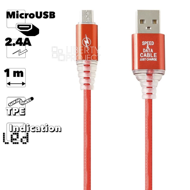 USB кабель "LP" Micro USB "Змея" LED TPE (красный/блистер)