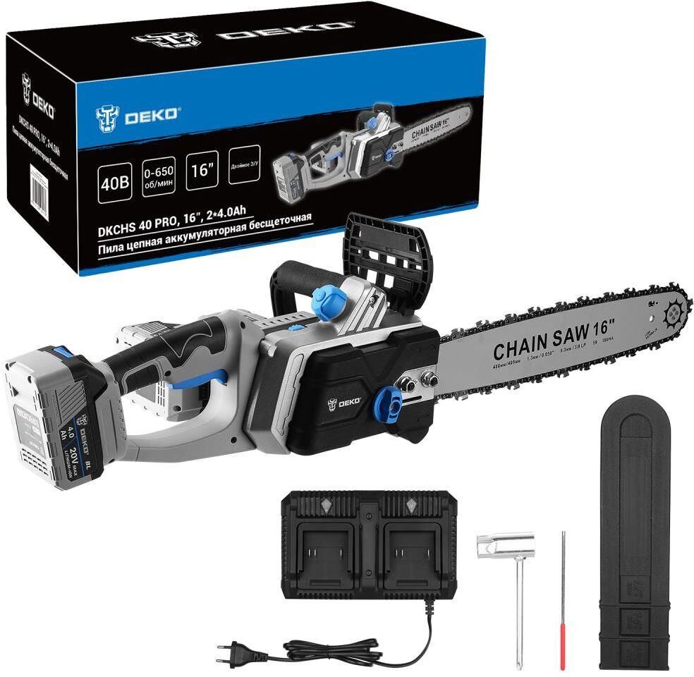 Пила цепная аккумуляторная DEKO DKCHS 40 PRO, 16", 2х20В, 2x4.0Ач, двойное з/у 083-2002