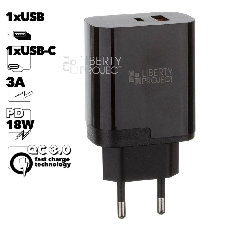 СЗУ LIBERTY PROJECT 1xUSB, 1xUSB-C, 3А, PD18W, QC3.0 (черный/коробка)