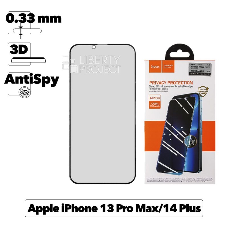 Защитное стекло HOCO A12 Pro для Apple iPhone 14 Plus/13 Pro Max, черная рамка, антишпион, 3D, прозрачное, 0.33мм
