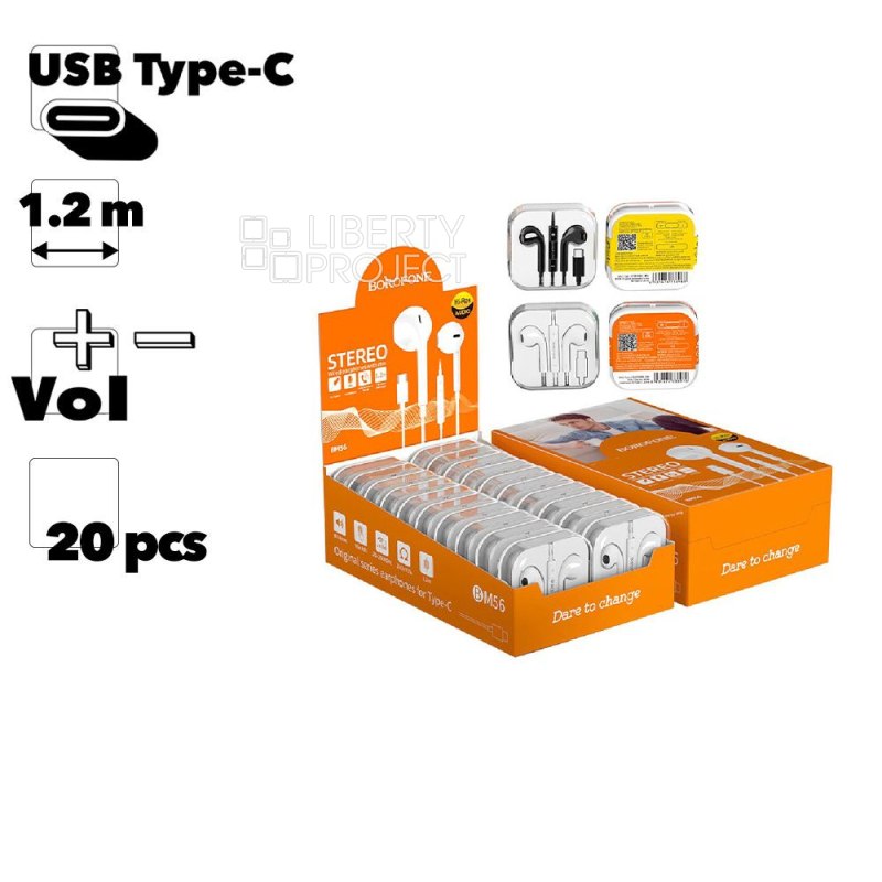 Гарнитура BOROFONE BM56 Original Type-C, вкладыши, громкость +/-, 20 шт. в упаковке, 1.2м (черный)