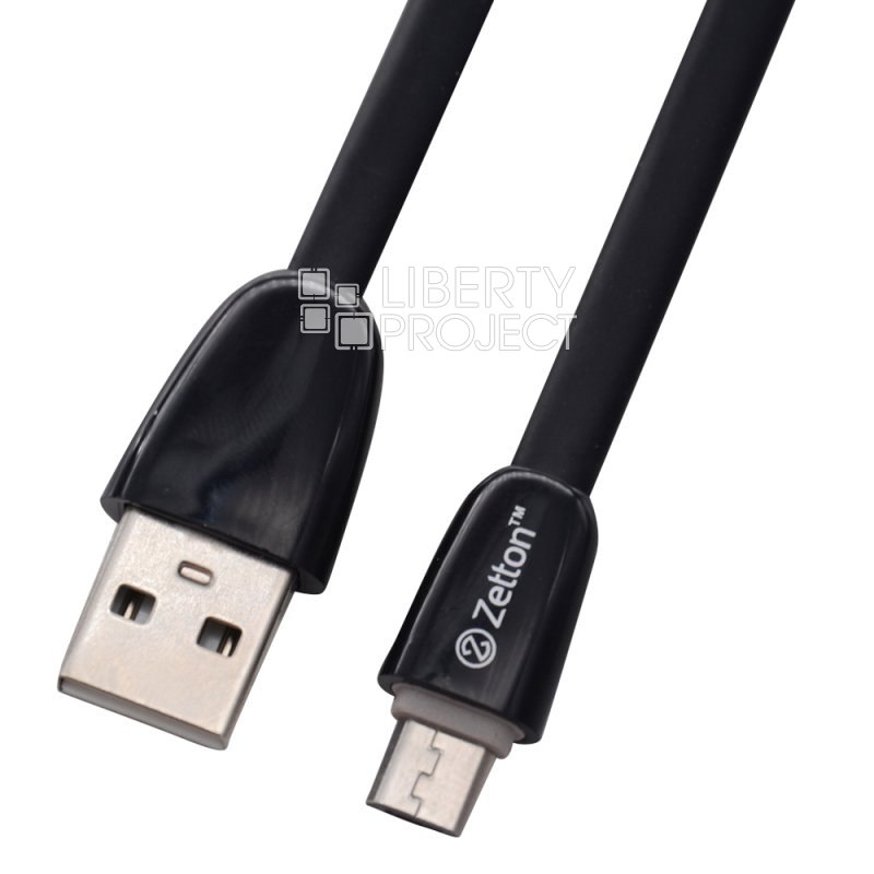 USB кабель Zetton USB SyncCharge Flat Glossy TPE Data Cable USB to Micro USB плоский пластиковые разьемы (черный) ZTUSBFGTBKMC