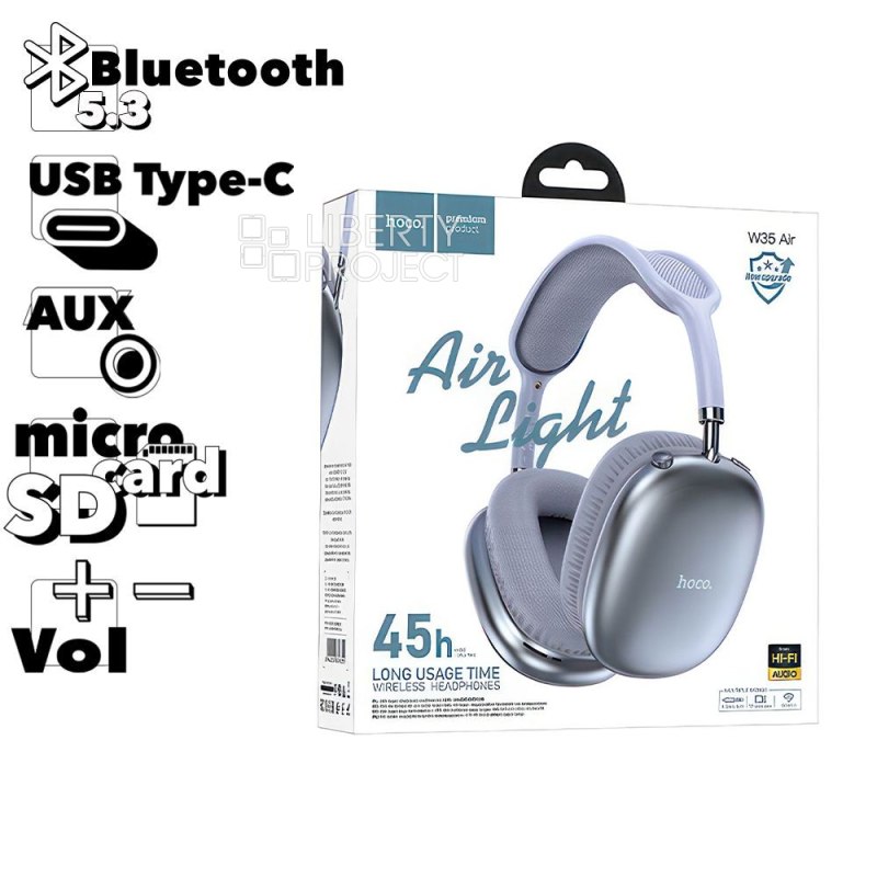 Bluetooth гарнитура HOCO W35 Air Triumph BT 5.3, AUX, microSD, накладная, громкость +/- (синий)