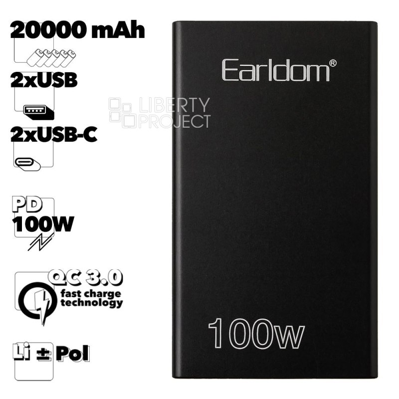 Внешний АКБ Earldom ET-PD11 20000 mAh, 2xUSB, 2xUSB-C, 5А, QC3.0, PD100W, LED дисплей, Li-Pol (черный)