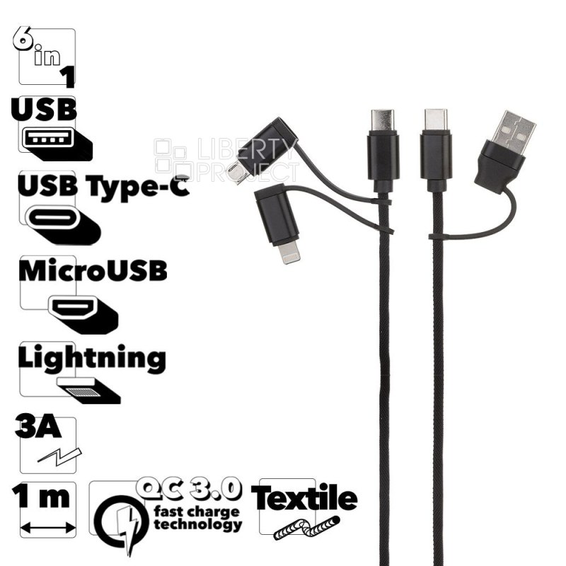 USB/USB-C кабель LIBERTY PROJECT Lightning 8-pin/MicroUSB/Type-C, 3А, QC 3.0, PD18W, 6в1, 1м, текстиль (черный)