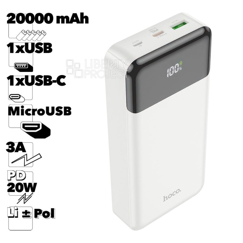 Внешний АКБ HOCO J102A Cool Figure 20000 mAh, 1xUSB, 1xUSB-C, 3А, QC 3.0, PD20W, LED дисплей, Li-Pol (белый)