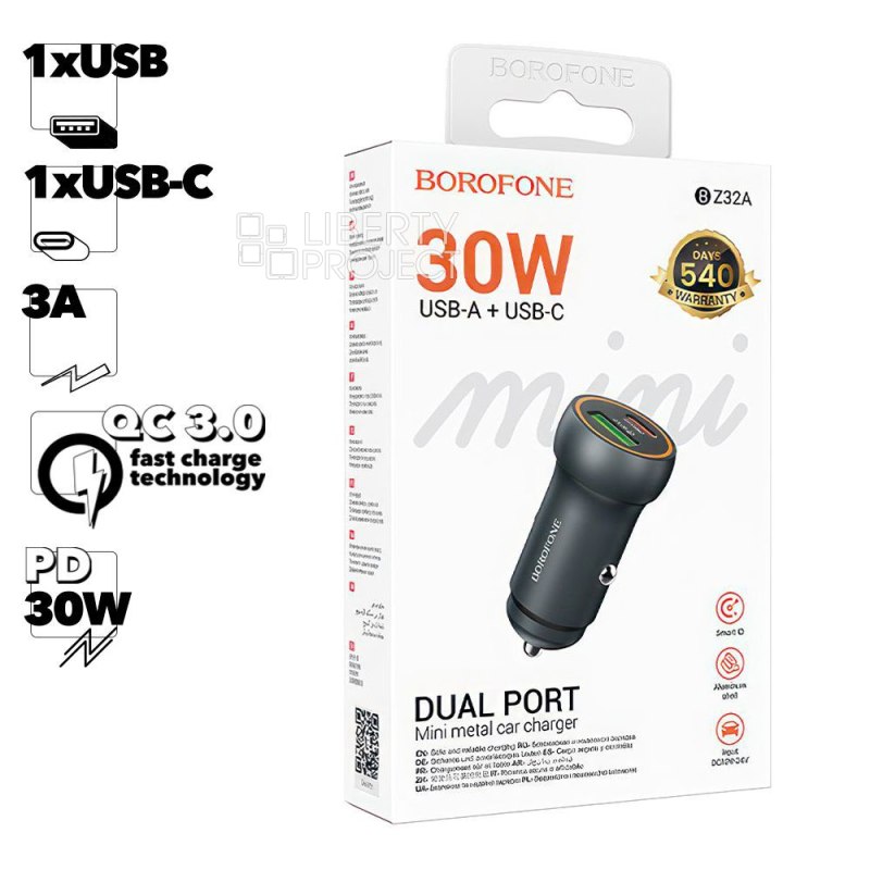 АЗУ BOROFONE BZ32A Fresh 1xUSB, 1xUSB-C, 3А, QC3.0, PD30W (черный)
