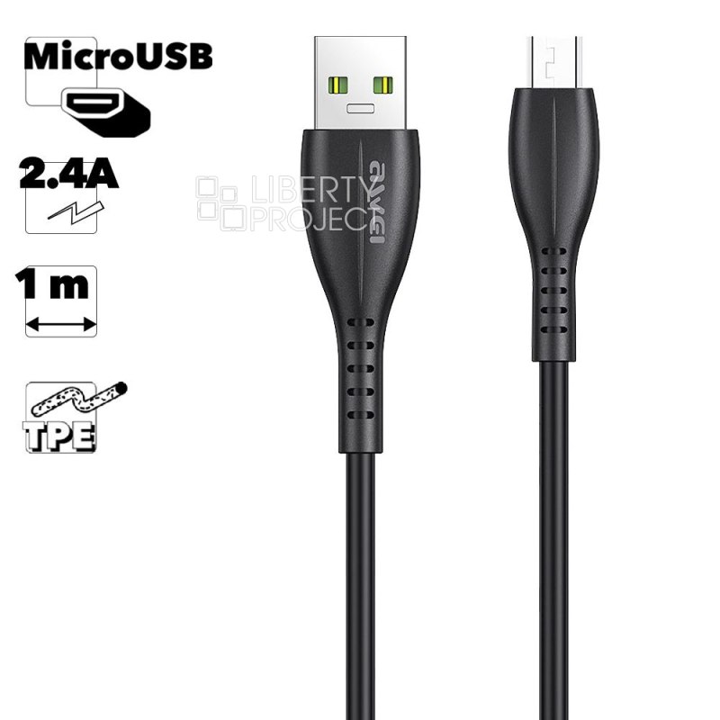 USB кабель AWEI CL-115M MicroUSB, 2.4А, 1м, TPE (черный)