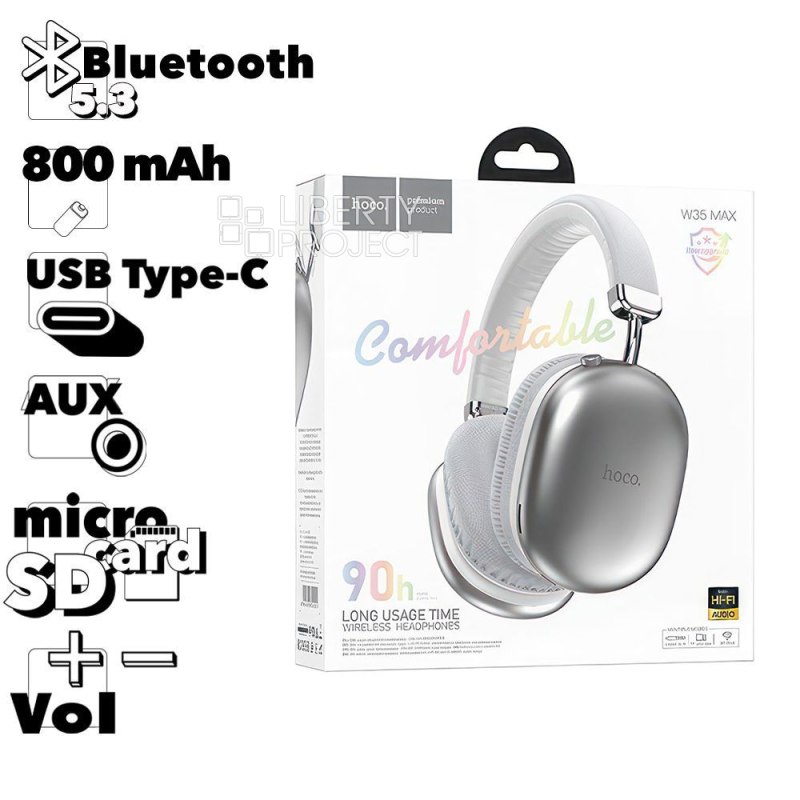 Bluetooth гарнитура HOCO W35 Max Joy BT5.3, 3.5мм, MicroSD, накладная, громкость +/- (серебро) мятая