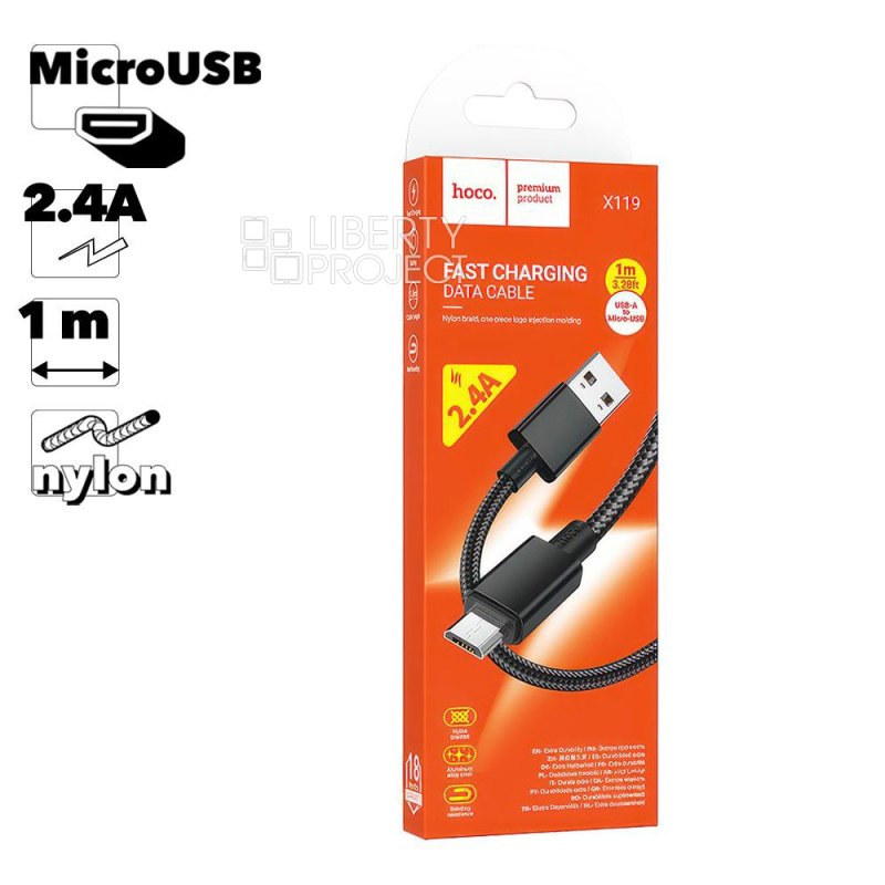 USB кабель HOCO X119 Energy MicroUSB, 2.4А, 1м, нейлон (черный)