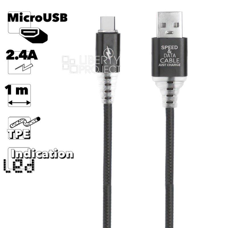 USB кабель "LP" Micro USB "Змея" LED TPE (черный/блистер)