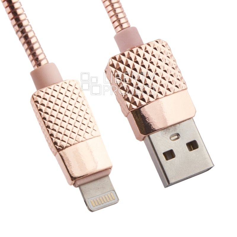 USB кабель "LP" для Apple Lightning 8-pin металлический "Гламурный Ананас" (розовый/коробка)