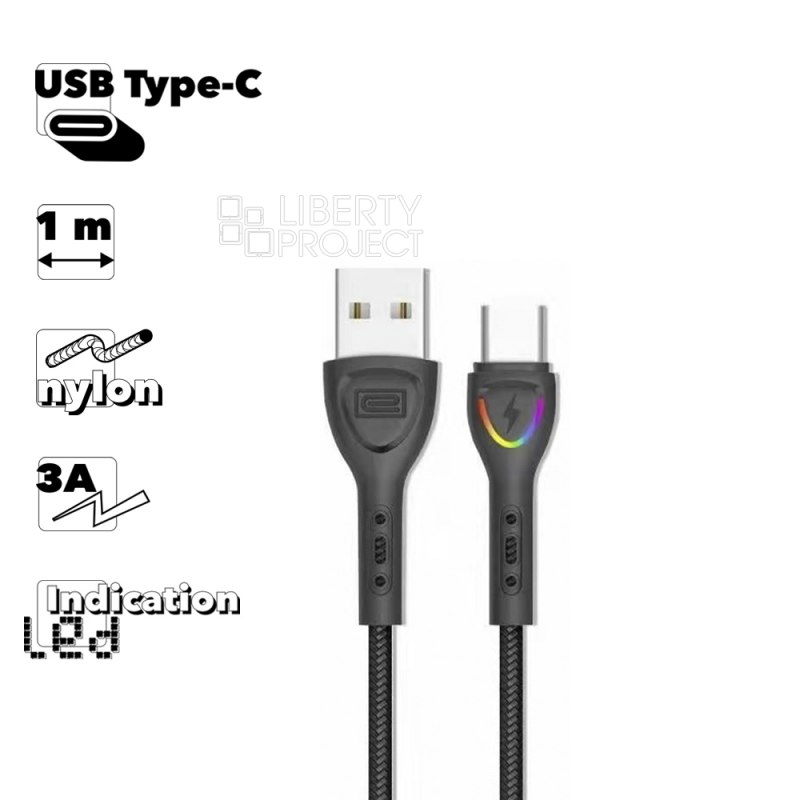 USB кабель Earldom EC-117C Type-C, 3А, LED, 1м, нейлон (черный)