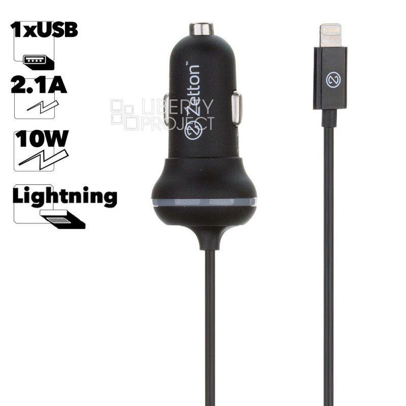 АЗУ с кабелем для Lightning 8-pin и выходом USB ток зарядки 2.1А Zetton (ZTCC2AA8)