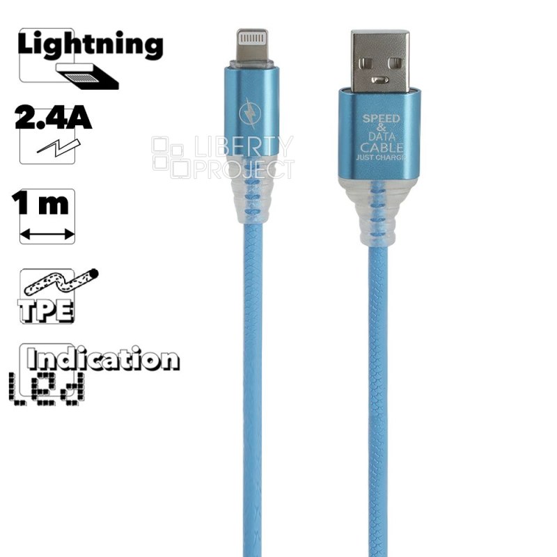 USB кабель "LP" для Apple Lightning 8-pin "Змея" LED TPE (синий/блистер)