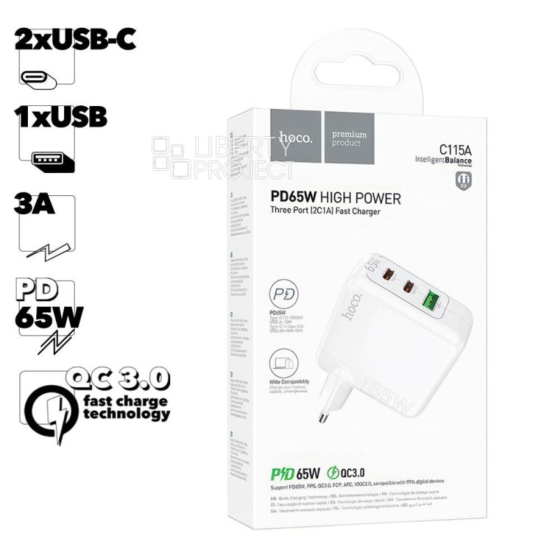 СЗУ HOCO C115A 1xUSB, 2xUSB-C, 3А, PD65W, QC3.0, GaN (белый)